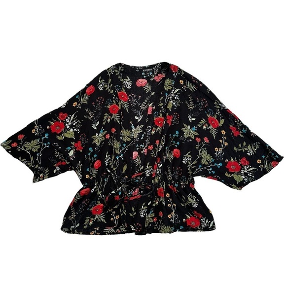 EXPRESS BLACK FLORAL CRINKLE GAUZE CINCH DRAWSTRING OPEN FRONT KIMONO TOP M - Picture 7 of 17